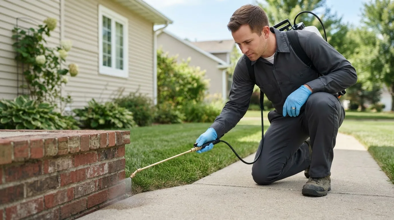 Pest control technician treating a home near Allerton, IA