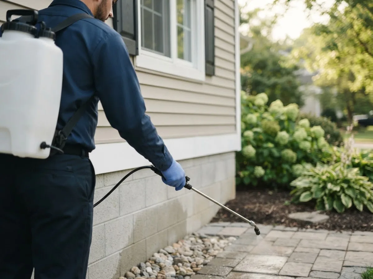 Pest control technician inspecting a home in Allerton, IA